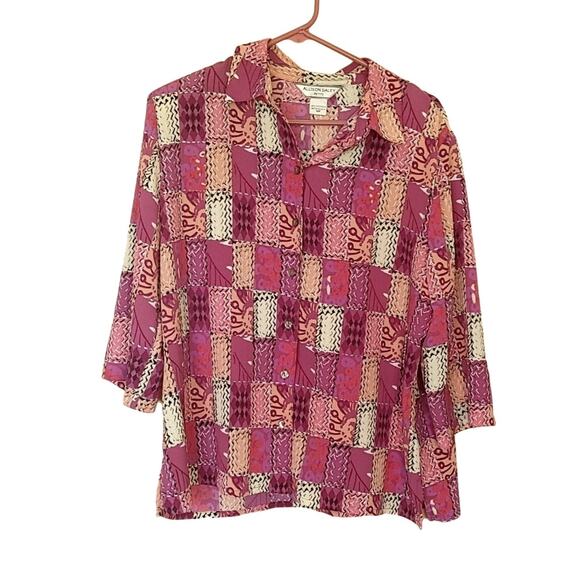 Allison Daley Size 16P Petite Button Up Purple Square Quarter Sleeve Retro - Picture 1 of 10